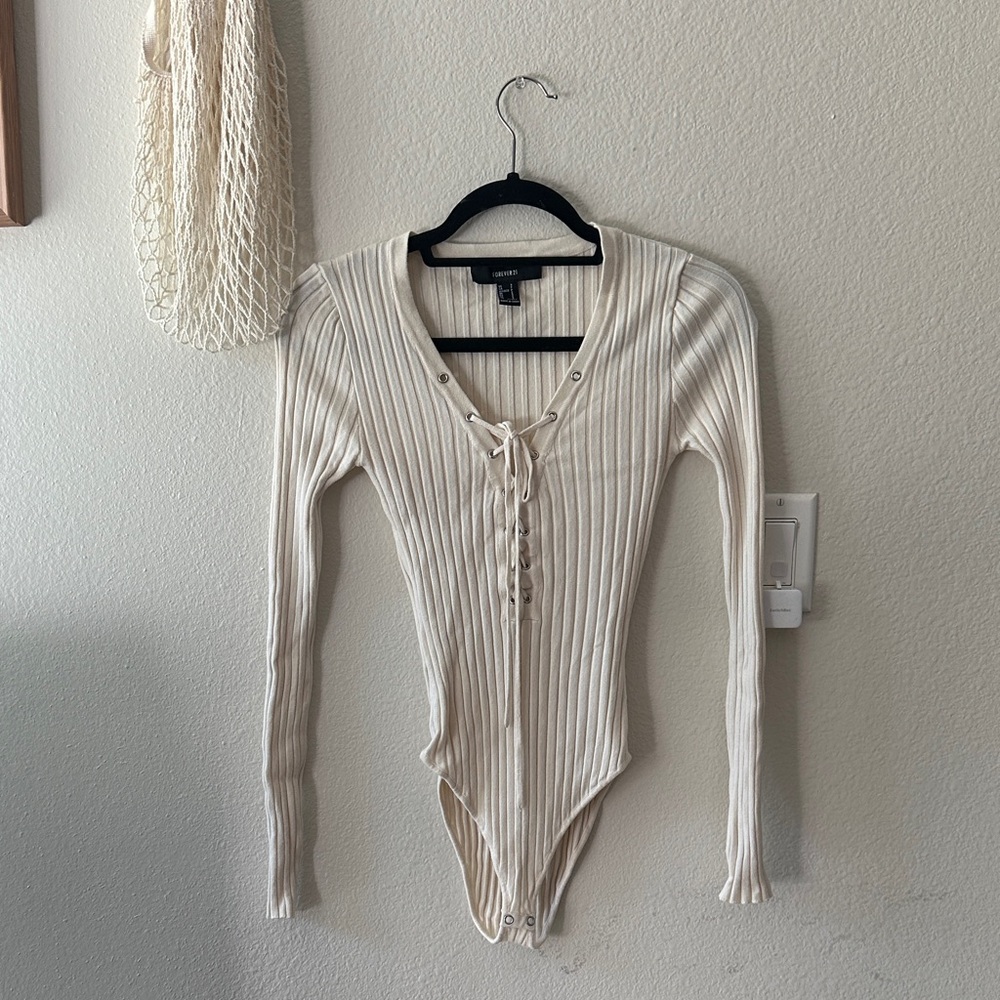 Cream Ribbed Lace-Up Bodysuit